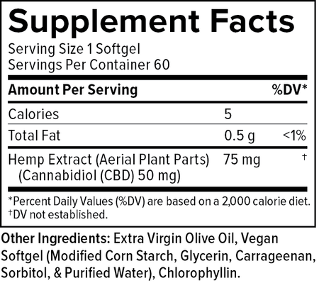 Supplemental Facts for CBD Oil Softgels, Maximum Strength Formula, 50mg, 60 count image number null